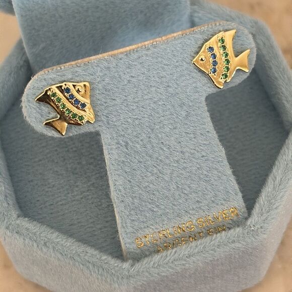 NEW! 925 Sterling Silver Fish Earrings Blue/Green Stones by Neo Relique - Picture 5 of 10